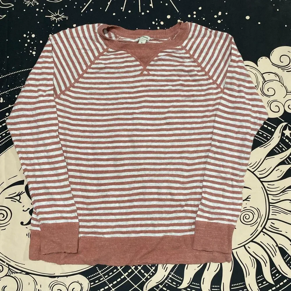 L.L.Bean Sweater Women's XLT Brown Striped Cotton Knitted Raglan Sleeve Preppy